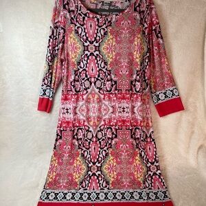Neiman Marcus Red & Pink Printed Long Sleeve Shift Dress – Women’s Size 14 – EUC